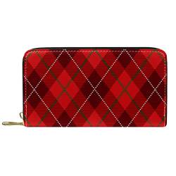 DJNGN Portemonnaie Leder Leder Reißverschluss Lange Geldbörse Tartan Plaid Rot Klassisches Muster von DJNGN