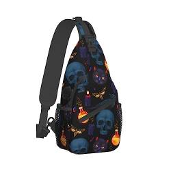 Männer und Frauen Sling Bag Chest Daypack, kompatibel mit Halloween Goth Moon Black Cat Raven Skull Schulterrucksack Crossbody für Wandern/Camping/Laufen, lässiger und großvolumiger Anti-Diebstahl-Ruc von DJNGN
