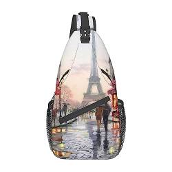 Ölgemälde Paris Straßenszene Eiffelturm Herren Sling Rucksack, Reise Wandern Tagestasche Umhängetasche Umhängetasche. von DJNGN