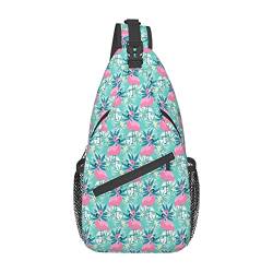 Sling-Rucksack mit Flamingo-Tropen-Palmen-Motiv, Brusttasche, Umhängetaschen, Fitnessstudio, Radfahren, Wandern, Reisen, Tagesrucksack für Männer und Frauen von DJNGN