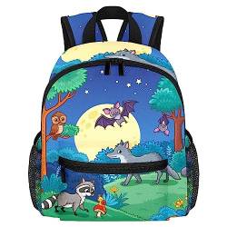 DJROW Tiere Wolf Waschbär Fledermaus in der Nacht Wald Kleinkind Kid Jungen Mädchen Kindergarten Kinder Snack Kindergarten Rucksack, mehrfarbig, 10x4x12 in von DJROW