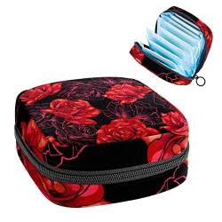 Damenbinde Aufbewahrungstaschen Stillpad Halter Rot Blühende Rose Blumen Schwarz Tragbare Periode Kit Tasche Feminine Produkt Beutel für Frauen Mädchen von DJROW