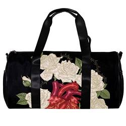 Runde Gym Sport Duffel Tasche mit Abnehmbarem Schultergurt Menschliches Herz mit Weißen Rosen Blumen Training Handtasche Übernachtung Tasche für Damen und Herren, mehrfarbig, 45x23x23cm/17.7x9x9in von DJROW