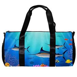 Runde Sporttasche mit abnehmbarem Schultergurt Blau Marlin Fisch Schwimmen unter Wasser Training Handtasche Übernachtungstasche für Damen und Herren, mehrfarbig, 45x23x23cm/17.7x9x9in von DJROW