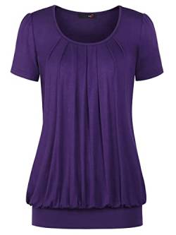 DJT Damen Casual Falten Kurzarm T-Shirt Kurzarmshirt Rundhals Stretch Tunika Violett S von DJT FASHION