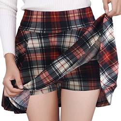 DJT FASHION Damen süßer A-Linie hohe Taille dehnbar kariert ausgestellter Mini Skater Rock mit Shorts L Rot weiß Plaid von DJT FASHION