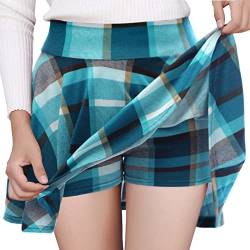 DJT FASHION Damen süßer A-Linie hohe Taille dehnbar kariert ausgestellter Mini Skater Rock mit Shorts M Türkis Plaid von DJT FASHION