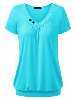 DJT Basic Shirt Damen, Shirts Damen V Ausschnitt Damen Oberteil Kurzarm Shirt Damen Bluse Damen Elegant Oberteile Sommer Basic V-Ausschnitt Kurzarm T-Shirt Falten Tops mit Knopf Himmelblau M von DJT