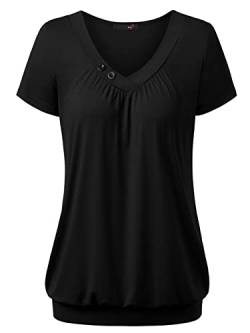 DJT Damen Basic V-Ausschnitt Kurzarm T-Shirt Falten Tops mit Knopf Schwarz L von DJT