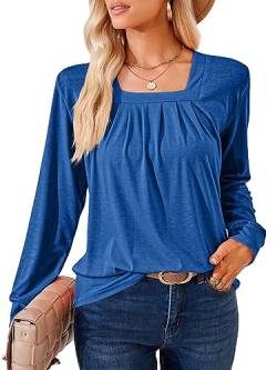 DJT Damen Oberteile Elegant Karree Ausschnitt Langarmshirt Lässiger Arbeit Wanderung Outfit Bluse Frauen Tops T-Shirts Blau M von DJT