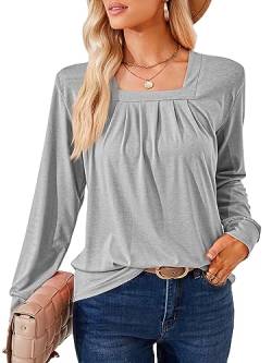 DJT Damen Oberteile Elegant Karree Ausschnitt Langarmshirt Lässiger Arbeit Wanderung Outfit Bluse Frauen Tops T-Shirts Grau XL von DJT