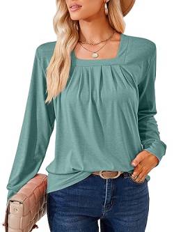 DJT Damen Oberteile Elegant Karree Ausschnitt Langarmshirt Lässiger Arbeit Wanderung Outfit Bluse Frauen Tops T-Shirts Grün L von DJT