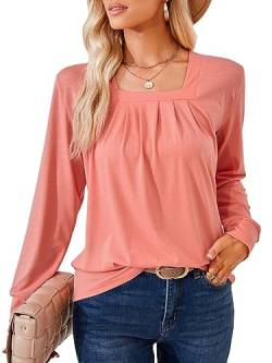 DJT Damen Oberteile Elegant Karree Ausschnitt Langarmshirt Lässiger Arbeit Wanderung Outfit Bluse Frauen Tops T-Shirts Rosa L von DJT