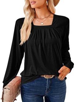 DJT Damen Oberteile Elegant Karree Ausschnitt Langarmshirt Lässiger Arbeit Wanderung Outfit Bluse Frauen Tops T-Shirts Schwarz M von DJT