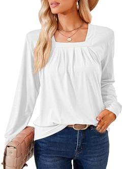 DJT Damen Oberteile Elegant Karree Ausschnitt Langarmshirt Lässiger Arbeit Wanderung Outfit Bluse Frauen Tops T-Shirts Weiß XL von DJT