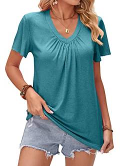 DJT Damen Sommer T-Shirt Kurzarm V-Ausschnitt Knopfleiste Bluse Elegant Einfarbig Tunika Oberteile Top Hemd Blau L von DJT