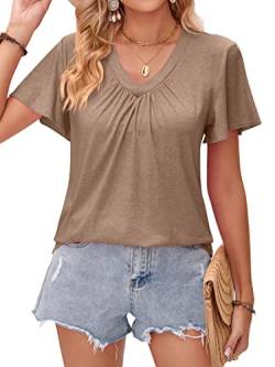 DJT Damen Sommer T-Shirt Kurzarm V-Ausschnitt Knopfleiste Bluse Elegant Einfarbig Tunika Oberteile Top Hemd Braun M von DJT