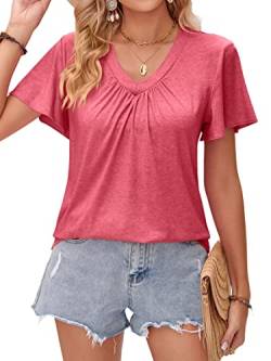 DJT Damen Sommer T-Shirt Kurzarm V-Ausschnitt Knopfleiste Bluse Elegant Einfarbig Tunika Oberteile Top Hemd Rosa L von DJT