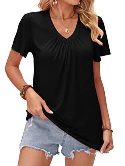 DJT Damen Sommer T-Shirt Kurzarm V-Ausschnitt Knopfleiste Bluse Elegant Einfarbig Tunika Oberteile Top Hemd Schwarz M von DJT