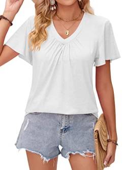 DJT Damen Sommer T-Shirt Kurzarm V-Ausschnitt Knopfleiste Bluse Elegant Einfarbig Tunika Oberteile Top Hemd Weiß L von DJT