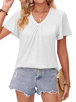 DJT Damen Sommer T-Shirt Kurzarm V-Ausschnitt Knopfleiste Bluse Elegant Einfarbig Tunika Oberteile Top Hemd Weiß M von DJT