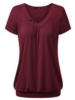 DJT Shirt Damen, Shirt V Ausschnitt Damen Schwarzes Tshirt Damen Tshirt Damen V Ausschnitt Bluse Damen Kurzarm Damen Sommer V-Ausschnitt Kurzarm T Shirt Basic Falten Tops mit Knopf Lässig Fuchsie M von DJT