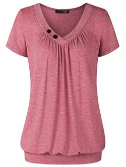 DJT Shirt Damen, Shirts Damen V Ausschnitt Damen Oberteil Kurzarm Shirt Damen Bluse Damen Elegant Damen Oberteile Sommer Damen Basic V-Ausschnitt Kurzarm T-Shirt Falten Tops mit Knopf Hellrot XL von DJT