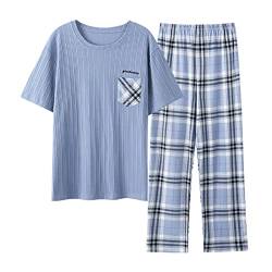 DJUNJUN Herren 2 Stück Pyjama-Set Kurzarm Schlafanzug Hosen-Sets mit Taschen 100% Baumwolle Sanft Loungewear-Sets Sommer Nachtwäsche Nachtwäsche Jogger Pyjama-Sets,3,4XL von DJUNJUN