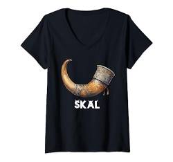 Damen Cooles Wikinger Trinkhorn Motiv - Skal Skol Met Alkohol T-Shirt mit V-Ausschnitt von DK1 Designs Vikings Signs Wikinger Symbole Zeichen