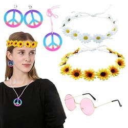 DKDDSSS 5 Stück Hippie Kostüm Set, 60er 70er Jahre Retro Accessoires Damen Herren, Hippie Accessoires mit Runde Pink Brille, Friedenszeichen Halskette Und Ohrring, Gänseblümchen Stirnband von DKDDSSS