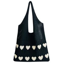 DKIIL NOIYB Häkeltasche Aesthetic Tasche Teenager Mädchen, Gestrickte Handtasche, Tote Bag Umhängetasche mit Schleife, Strick Tragetasche Niedliches Herz Tasche Strandtasche von DKIIL NOIYB