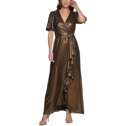 DKNY Damen Folienchiffon Rüschen Rock V-Ausschnitt Kleid, Schwarz / Gold, 36 von DKNY