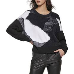 DKNY Damen Fuzzy Multicolor Langarm Pullover, schwarz/elfenbeinfarben, Groß von DKNY