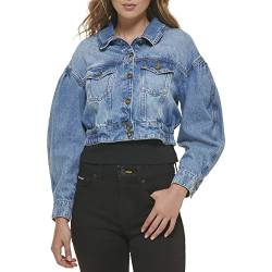 DKNY Damen Ls Puff Button Front Cropped Denim Jacket, Dark Wash, XS EU von DKNY