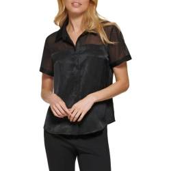 DKNY Damen Top aus Satin mit durchsichtigen Ärmeln Hemd, Schwarz, X-Klein von DKNY