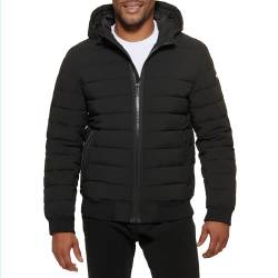 DKNY Herren Gesteppte Performance Bomberjacke mit Kapuze Daunenalternative Mantel, Schwarz Matt Stretch, M von DKNY