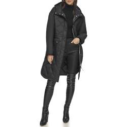 DKNY Women's Button Down Long Quilted Coat, Black, L von DKNY