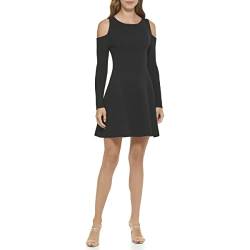 DKNY Women's Cold Shoulder Fit and Flare Long Sleeve Sweater Dress, Black, L von DKNY