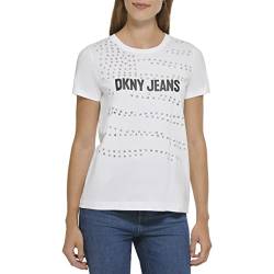 DKNY Women's Jeans Logo with All Over Stud Detailing T-Shirt, White, X-Large von DKNY