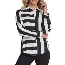 DKNY Women's Printed Button-up Blouse with Rugby Stripes, Step Hem and Long Sleeves, Black / Ivory, M von DKNY