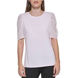 DKNY Women's Puff Sleeve Top in Mixed Media Blouse, Fresh Pink, L von DKNY