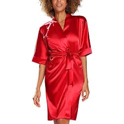 DKaren Dame Morgenmantel Elegant Satin Musterlos Glatt 100, Rot,XL von DKaren