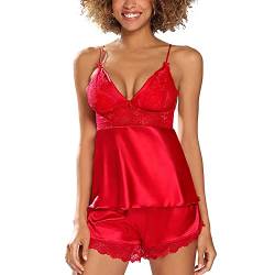 DKaren Damen Nachtwäsche Set S Harmonia - Pyjama für Frauen, Satin Schlafanzug Damen Kurz Set for Women - Rot von DKaren