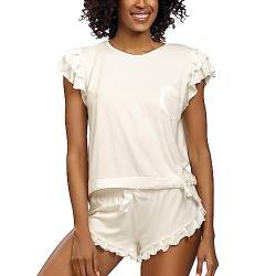 DKaren Damen Schlafanzug Set Lulu M - Zweiteiler Damen Pyjama - Loungewear mit Kurzen Ärmeln und Shorts - Nachtwäsche Damen mit Tasche und Rüschen - Pjama Set Kurz Ecru von DKaren