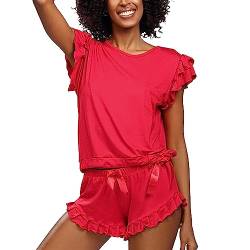 DKaren Damen Schlafanzug Set Lulu M - Zweiteiler Damen Pyjama - Loungewear mit Kurzen Ärmeln und Shorts - Nachtwäsche Damen mit Tasche und Rüschen - Pjama Set Kurz Rot von DKaren