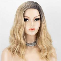 DLSEAN Synthetic Lace Front Wig,Blonde Wig Short Wavy Synthetic Hair Wigs Side Part Ombre Blonde Cosplay Wigs for Women Short Bob Heat Resistant Fiber,18 inch von DLSEAN