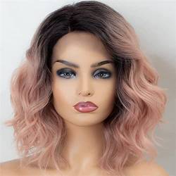 Synthetic Lace Front Wig,Burgundy Bob Synthetic Lace Wig Heat Resistant Pink Ombre Wavy Wigs for Black Women Side Part Rose Pink Cosplay Wig,B,20 inch von DLSEAN