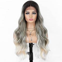 Synthetic Lace Front Wig,Grey Long Wavy Lace Wigs for Black Women Mixed Color Synthetic Hair Wig Cosplay Party Loose Body Wave Synthetic Wig Middle Part,18 inch von DLSEAN