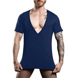 Herren Modal Weich & Stylisch Tiefer V-Ausschnitt Kurzarm T-Shirt mit tiefem Schnitt & Schlanke Passform & Dehnen Marineblau L von DLSMDOUS