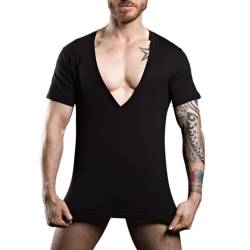 Herren Modal Weich & Stylisch Tiefer V-Ausschnitt Kurzarm T-Shirt mit tiefem Schnitt & Schlanke Passform & Dehnen Schwarz S von DLSMDOUS